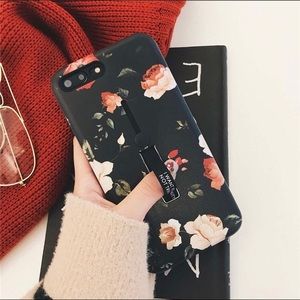 Light Pink Rose Black Phone Case with Ring Strap